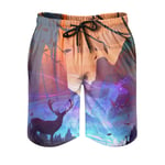 kikomia Men's Beach Shorts Magic Moose Ghost Mountain Print Cosy Surf Swimsuit with Pockets White 4XL