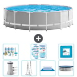 Intex Round Prism Frame Pool - 457 x 122 cm - Grå - Inklusive pump - Stege - Markduk - Lock Underhållspaket - Filter - Golvplattor Inklusive Tillbehö