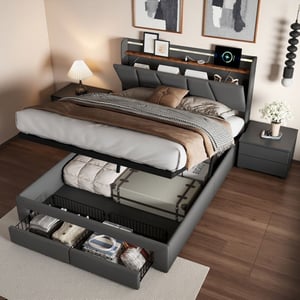 Lit Double 140x200 Avec Sommier Rembourré | Rangement Sous Lit, LEDs RGB, Ports USB | Tête De Lit Avec Compartiments | Noir