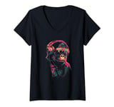 Womens Neon Gorilla With Headphones Techno Rave Music Monkey V-Neck T-Shirt