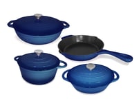 Smith-Style 4 Piece Set Enameled Cast Iron Casserole Dish + Frying Pan Set for Oven with Ceramic & Enamel Coating - 24cm Dish, 28cm Dish, 30cm Dish & 26cm Non-Stick Pan - Navy Blue