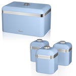 Swan Retro Bread Bin Container + Set of 3 Canisters Blue SWKA1010BLN+SWKA1020BLN