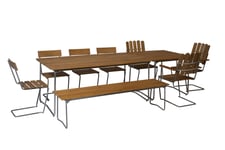 Grythyttan Stålmöbler B31 matgrupp Teak/galvat 3 fåtöljer, 4 stolar, bänk 170 cm, bord 84 x 92 cm & bord 170 x 92 cm