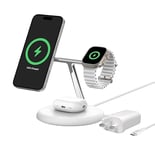 Belkin 3-in-1 Wireless Charging Stand with Magnetic MagSafe Compatible Qi2 15W, Fast Charging iPhone Charger for iPhone 15, 14, and 13 Series, AirPods, Apple Watch, & More (PSU included) - White