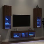 Tv-møbel til væg 5 dele med LED-lys konstrueret træ brunt eg