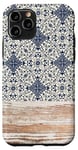 Coque pour iPhone 11 Pro Boho Vintage Floral Tile Pattern Rustique Bleu Marine Beige