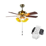 42 inch Vintage Ceiling Fan with Lights and Remote Control, Tiffany Style Glass Shade Fan Chandelier Lamp, E27, 40W, Pull Chain Ceiling Light for Living Room/Bedroom,5lights