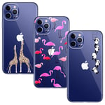 BAOWEI [3 Pack] Compatible for iPhone 12 Pro Max Case, Ultra Thin Crystal Clear Soft TPU Silicone Cover with Cute Pattern Protective Phone Case - Giraffe, Flamingo & Panda