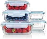 Trading Innovation 5 Piece Premium Glass Food Storage Containers Set with Airtight Lids | BPA Free Glass & Leakproof | Microwave, Freezer & Dishwasher Safe Glass Lunch Box & Kitchen Meal Storage Set