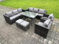 Rattan Garden Outdoor Furniture Sofa Garden Dining Set with Patio Dining Table 2 Armchairs Small Footstools