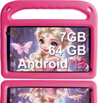 Tablette pour Enfants Android 13 7 Pouces, 7 GO RAM+64 GO ROM (TF 256 Go), WiFi 5G, Bluetooth, Éducation des Enfants, Play Store, Double Caméra, Contrôle Parental, avec Étui pour Tablette, Rose Clair