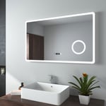 Miroir de salle de bain led avec Loupe 3 Fois 100x60cm Loupe 3x, Interrupteur Tactile, Horloge Lumière Blanche Froide/Chaude/Neutre - Emke