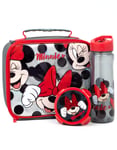 Disney Minnie Mouse Lunch Box 3 Piece Set for Kids | Red Glitter Insulated Packed Food Bag, Water Bottle & Snack Pot for School | Girls Character Merchandise