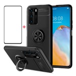 AKABEILA Case Screen Protector for Huawei P40, Compatible for Huawei P40 Phone Case Cover, Silicone Kickstand Ring Grip Holder for Huawei P40 Shockproof Tempered Glass, Black