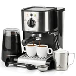 EspressoWorks 7 Pc All-in-One Espresso & Cappuccino Maker Machine Barista Bundle Set (Inc: Coffee Bean Grinder, Portafilter, Frothing Cup, (Black) Clear
