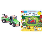 New Classic Toys 11941 Wooden Tractor with Trailer and Animals for Children 18 Months and Up Boys and Girls Baby Gifts, Green & On the Farm: A Push, Pull, Slide Book (Campbell Axel Scheffler, 8)
