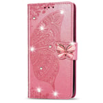 Reevermap Nokia 2.3 Case Glitte Cystal Flip PU Leather Phone Cover for Nokia 2.3, Shockproof Wallet Card Slots Butterfly Embossed Gems Bling Shiny Magnetic Clasp Kickstand, Pink
