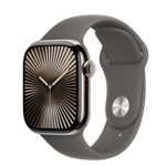 Apple Watch Series 10 (GPS + Cellular) • Titanboett naturlig, 42 mm • Sportband granitgrå – S/M