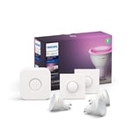 Philips Hue Kit de démarrage Ampoules LED Connectées White Ambiance & Color Ambiance GU10 Pack de 3, Pont et télécommande Smart Button Fonctionne avec Alexa