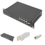 DIGITUS Set: Kit réseau 10 Pouces - 1x Switch réseau, 8 Ports, 2X SFP-Uplink, Non administrable - 1x Module SFP, RJ45 - 1x Panneau de Brassage Cat-6A , 8 Ports, LSA - 10x câble réseau Cat-6A, 0.25 m