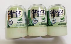 3 x 50 g. GRACE NATURAL CRYSTAL DEODORANT ALOE VERA EXTRACT ALUM ROLL ON 24 HR.