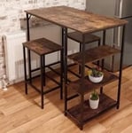 Breakfast Bar Table Vintage Industrial 2 Stools Tall Kitchen Dining Compact Set
