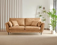 Ida 3 Seater Tan Faux Leather Upholstered Sofa With Scatter Cushions And Birch Wood Frame