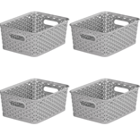 4x Curver Nestable Rattan Basket Small Storage Plastic Wicker Tray 8L - Grey