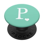 White Initial Letter P heart Monogram on Pastel Mint Green PopSockets Grip and Stand for Phones and Tablets