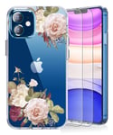 BSLVWG Case for iPhone 12 Mini Case with Screen Protector,Flower Pattern Clear Design Transparent Plastic Hard Back Case with Soft TPU Bumper Protective Cover for iPhone 12 Mini(White rose)