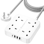 LENCENT Extension Lead with USB C Port, 3250W 13A, 4 Way Outlets Power Strip with 1 USB-C and 3 USB Slots, Multi Power Plug Extension with 1.8M Braided Extension Cord for Home Office, White