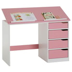 Idimex - Bureau enfant écolier junior emma pupitre inclinable avec 4 tiroirs en pin massif, lasuré blanc et rose - Blanc/Rose