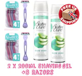 2x 200ml Gillette Satin Care Sensitive Skin Aloe Vera Shaving Gel +8 Venus Razor