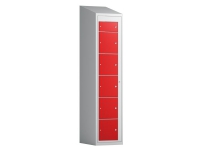 Skåp för klädleverans 1x6 fack med lutande tak och röda dörrar med handtag f/padlock
