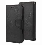 HAOTIAN Case for Samsung Galaxy S20 FE 4G/5G, Pretty Embossed Butterfly Pattern Design Leather Wallet Flip Cover Shockproof Case with Card Holder/Magnetic button/Kickstand, Black