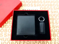 HUGO BOSS Bifold Wallet & Key Ring Set Mens Black Leather 2in1 Wallets Gift Box