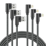 (6ft/2m, 3-Pack) Aluminum Alloy Premium 90 Degree Nylon Braided Charging Cable Compatible with iPhone Xs/XS Max/XR/X / 8/8 Plus / 7/7 Plus, and More (Black Gray, 6FT)