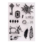 Arrietty Vintage Retro Style Sewing Machine Rose Feather Pen Postage Key Clear Stamps for Card Making Decoration and DIY Scrapbooking Tools Rubber Stamps
