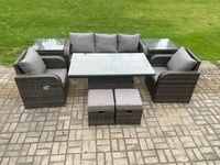 Outdoor Rattan Furniture Garden Dining Sets Adjustable Rising lifting Table Sofa Set With Chair 2 Small Footstools