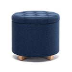HNNHome Ottoman Rond en Lin avec Coffre de Rangement, Pouf, Tabouret, avec siège/Couvercle rembourré Amovible, pour Salon, Coiffeuse, Chambre, Entrée - 45 cm de diamètre - Bleu Marine