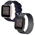 SINPY Replacement Wristband for Fitbit Versa Strap,2-Pack Mixed Metal Magnetic/Silicone Watch Bands Compatible with Fitbit Versa 2/Fitbit Versa Lite,Metal Black/Silicone Navy Blue