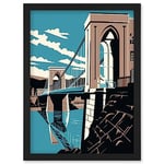Artery8 Clifton Suspension Bridge Tan Brown Blue Linocut Artwork Framed Wall Art Print A4