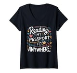Womens cool reading my passport to anywhere book lovers reader art V-Neck T-Shirt