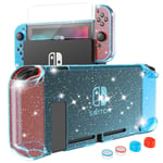 HEYSTOP Case Compatible with Nintendo Switch Dockable, Protective PC Cover Compatible with Nintendo Switch and Joy Con Controller with a Switch Screen Protector and 4 Thumb Stick Caps (Blue Glitter)