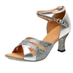 Women's Cross Strap Leather Peep Toes Latin Salsa Ballroom Dance Shoes Low Flared Heel BaojunHT® (Silver,6.5 UK)