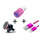 Pack Voiture Pour Iphone Xs Max (Cable Chargeur Metal Lightning + Double Adaptateur Allume Cigare + Support Magnetique) - Rose