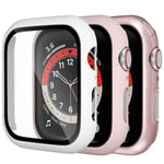 Dirrelo 3 Pack PC Case Compatible with Apple Watch Series 6/5/4/SE 44mm Tempered Glass Screen Protector, Full Cover Thin All-Around HD Protective Bumper Case for iwatch 6/5/4, White/Pink/Rose gold