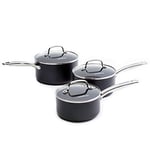 GreenChef Berlin Rocks Healthy Ceramic Nonstick 16 cm/1.5 L, 18 cm/2.1 L & 20 cm/3.1 L Saucepan Set,PFAS Free,Stainless Steel Handle,Safe for all hobs including Induction,Oven Safe up to 200°C,Black