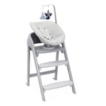 Chaise haute Crescendo pour bébé, deux positions d'inclinaison, rembourrage en coton bio, amovible et lavable en machine, avec barre de jouets suspendue, jusqu'à 9 kg, gris
