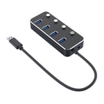 NÖRDIC drevet 4-ports hub USB 3.0 5Gbps med individuell bryter 25 cm kabel aluminium svart med strømforsyning